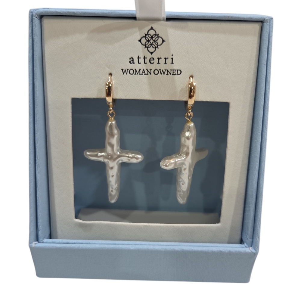 🤍▪️Atterri ▪️Gold Tone and White Pearl  Cross Earrings